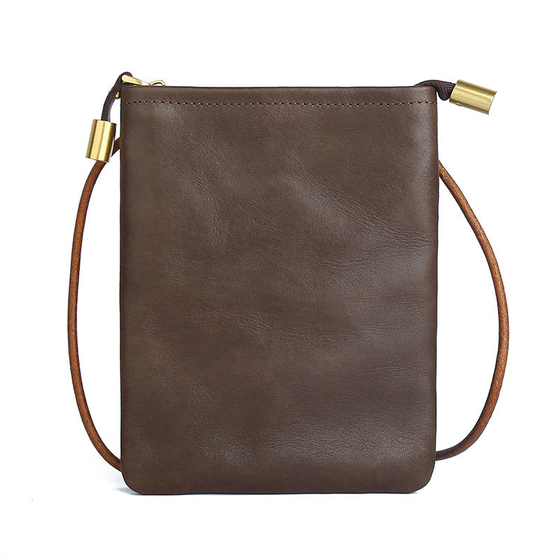 Leather Phone Pouch with Golden Zipper & Detachable Brown Rope